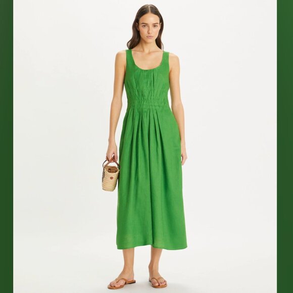 Tory Burch Pleated Midi Dress in Linen - Picture 1 of 12